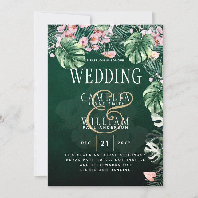LeahG Tropical Green Pink Botanical Wedding Invitation (Front)