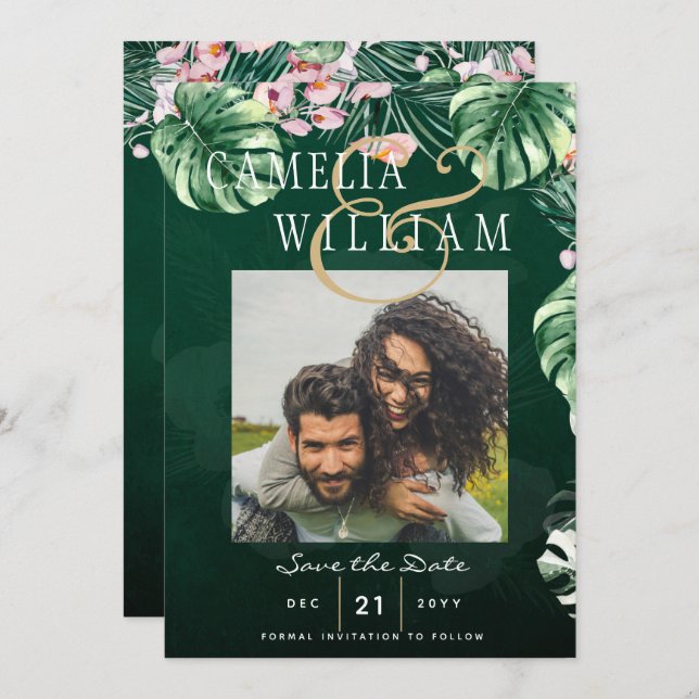 LeahG Tropical Green Pink Botanical Wedding Invitation (Front/Back)