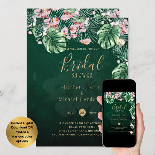 LeahG Tropical Green Pink Floral Leaf Wedding Invitation