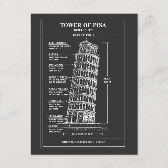 Leaning Pisa Tower Blueprint Art Postcard (Front)