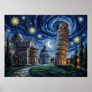 Leaning Tower of Pisa Beneath a Van Gogh Sky Poster