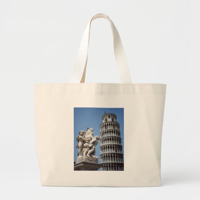 Leaning Tower of Pisa with Cherub Statue Large Tote Bag (Front)