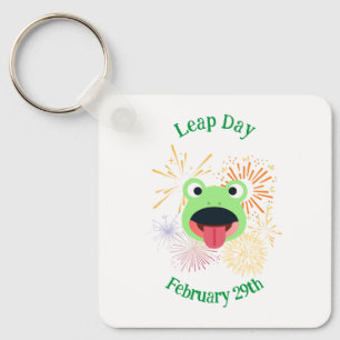 Leap Day February 29th Frog and Fireworks Button Key Ring