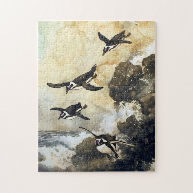 Leap into the Sea - African Penguins, Japanese Art Jigsaw Puzzle (Vertical)