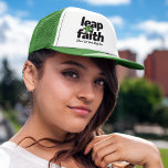 Leap Of Faith Don't Let Fear Stop You Trucker Hat<br><div class="desc">This trucker hat features a bold graphical motivational print "Leap Of Faith Don't Let Fear Stop You". The word "of" is artfully designed to appear as a leaping person and stands out in green. Makes an excellent gift for family or friends. Thank you for the support and visiting my store...</div>