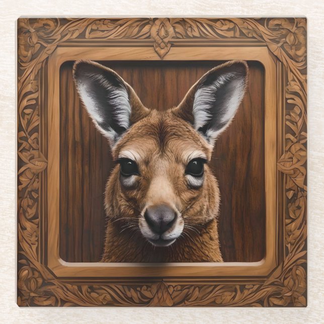 Leap of Nature: A Kangaroo Wood Print, Glass Coaster (Front)