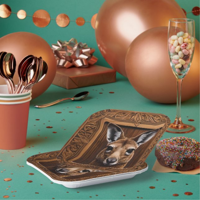 "Leap of Nature: A Kangaroo Wood Print" Paper Plate (Multi)