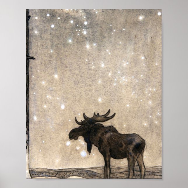 Leap The Elk In The Snow At Night - John Bauer Poster (Front)