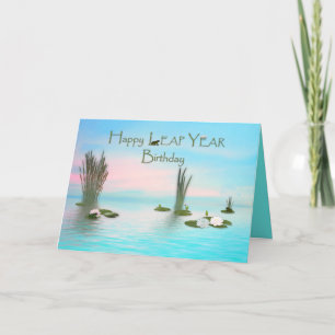 Leap Year Birthday, Frogs and Lotus' in Pond Card