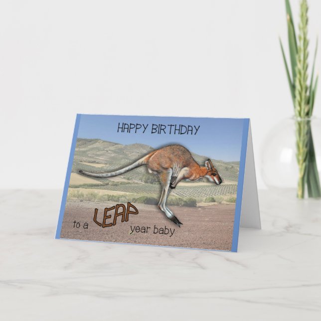 LEAP YEAR Birthday, Humour, Art of Leaping KANGARO Holiday Card (Front)