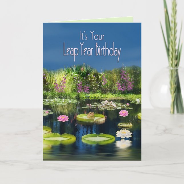 Leap Year Birthday, Pond, Lutus Flowers/Frog Card (Front)