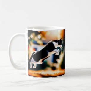 Leaping Black and White Cat Coffee Mug
