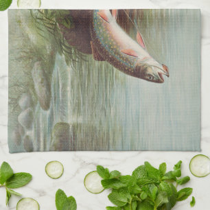 Leaping Brook Trout by S.A. Kilbourne Vintage Fish Tea Towel