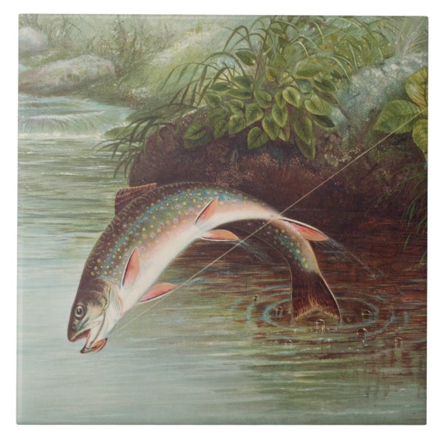 Leaping Brook Trout by Samuel Kilbourne (1874) Ceramic Tile (Front)