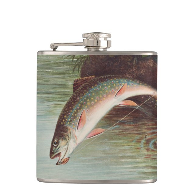 Leaping Brook Trout by Samuel Kilbourne (1874) Hip Flask (Front)