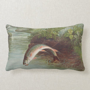 Leaping Brook Trout by Samuel Kilbourne (1874) Lumbar Cushion