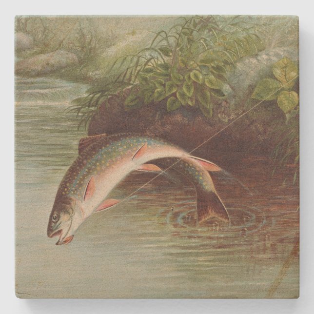 Leaping Brook Trout by Samuel Kilbourne (1874) Stone Coaster (Front)