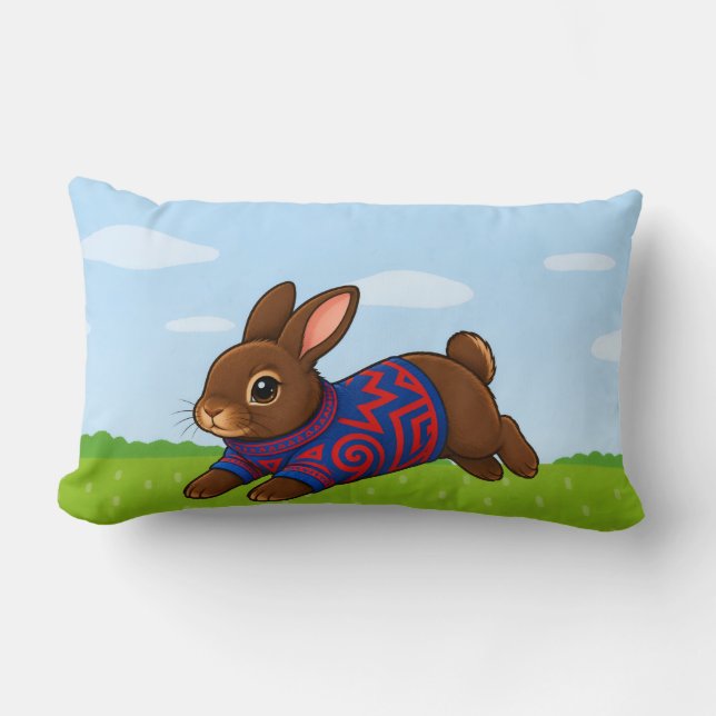 Leaping Bunny in a patterned sweater throw pillow (Front)