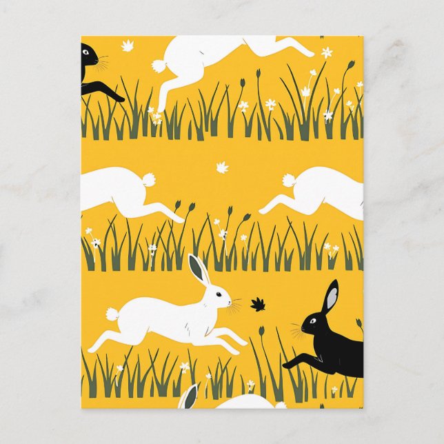 Leaping Bunny Mustard Meadow Pattern Postcard (Front)