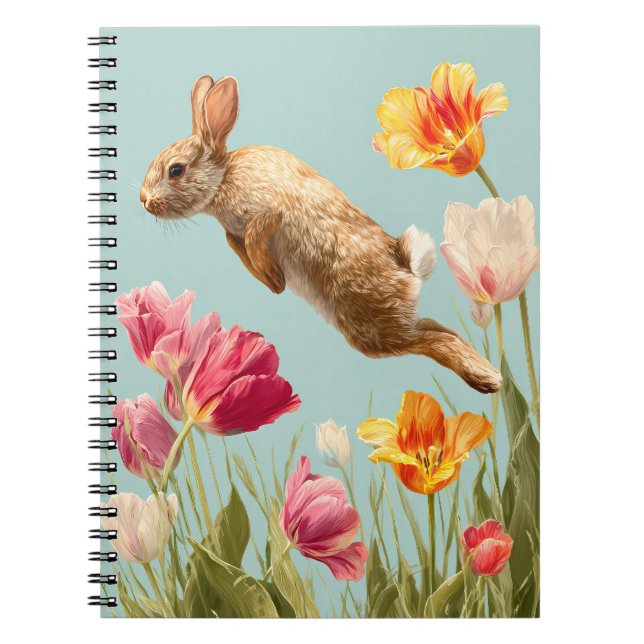 Leaping Bunny Spring Tulip Meadow Art Notebook (Front)