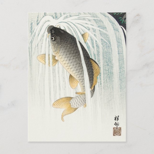 Leaping Carp - Ohara Koson - Vintage Fish Art Postcard (Front)