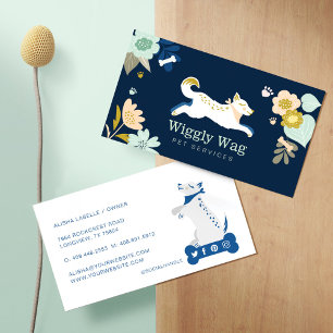 Leaping Dog Floral Botanical Navy Pet Services Business Card
