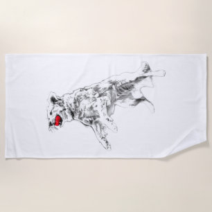 Leaping Dog, Red Accent Beach Towel