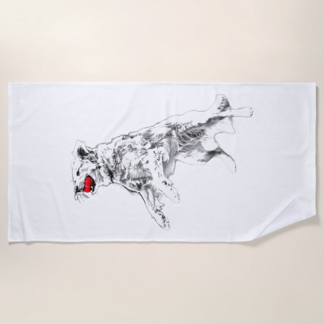 Leaping Dog, Red Accent Beach Towel (Front)