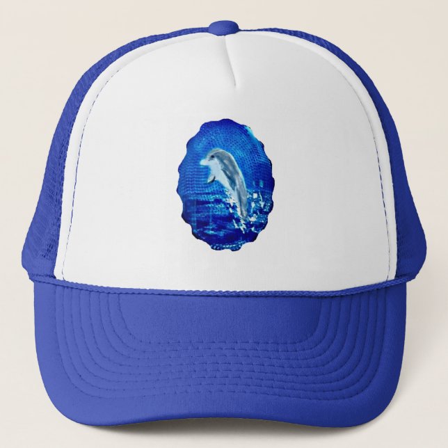Leaping Dolphin Art Blue Trucker Hat (Front)