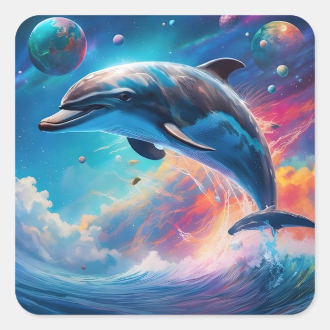 Leaping Dolphin, Fantasy, planets  Square Sticker (Front)