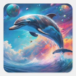 Leaping Dolphin, Fantasy, planets Square Sticker