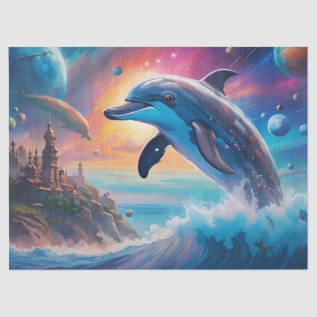Leaping Dolphin, Fantasy, planets  Tissue Paper (Front)