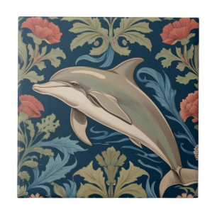 Leaping Dolphin William Morris style Left facing Ceramic Tile