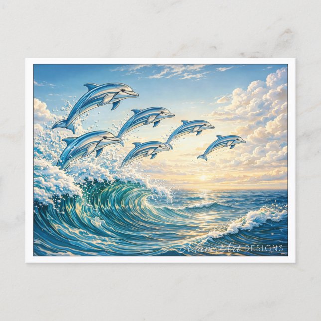 Leaping Dolphins at Sunset Ocean Wave Holiday Postcard (Front)