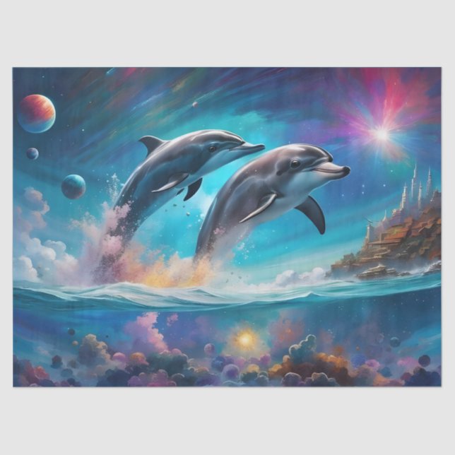 Leaping Dolphins, Fantasy, planets  Tissue Paper (Front)