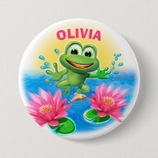 Leaping frog custom name birthday party badge (Front)