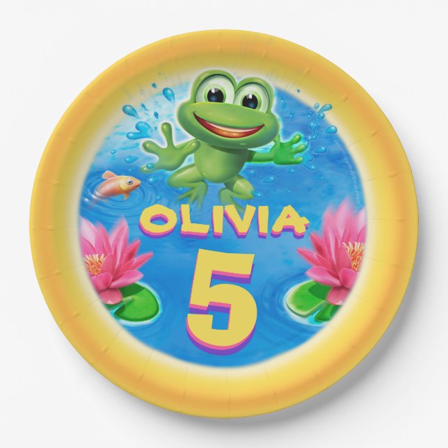 Leaping Frog CUSTOM paper party plate 9 inch. (Front)