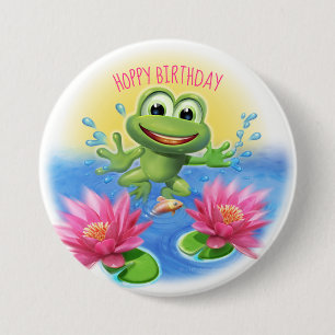 Leaping frog Hoppy birthday party badge