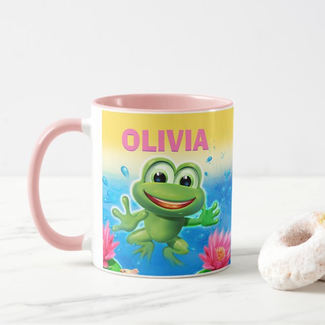 Leaping frog party custom NAME combo mug pink (With Donut)
