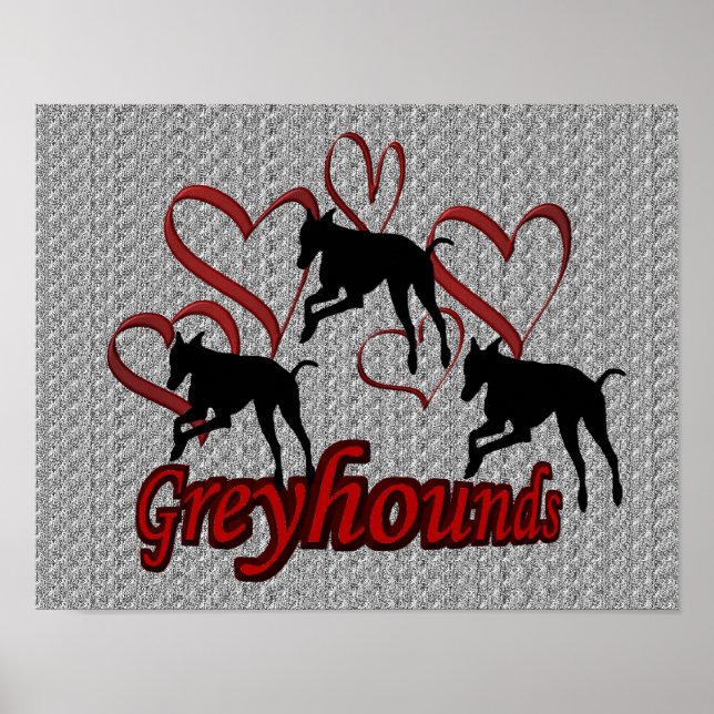 Leaping Greyhounds And Red Hearts Poster (Front)