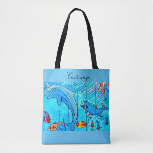 leaping laughing dolphins design blue tote bag