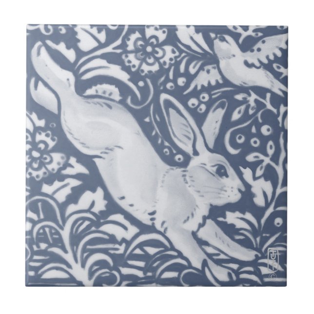 Leaping Rabbit Blue White Botanical Dedham Delft Ceramic Tile (Front)