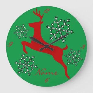 Leaping Red Deer Snowflakes Thunder_Cove Large Clock