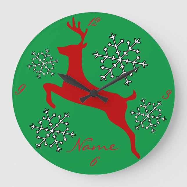 Leaping Red Deer Snowflakes Thunder_Cove Large Clock (Front)