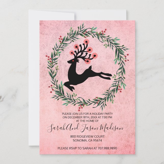 Leaping Reindeer In Holly Wreath Holiday Party Invitation (Front)