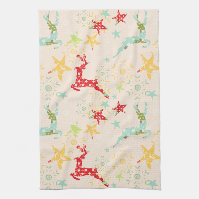 Leaping Reindeer, Stars and Snowflakes Tea Towel (Vertical)