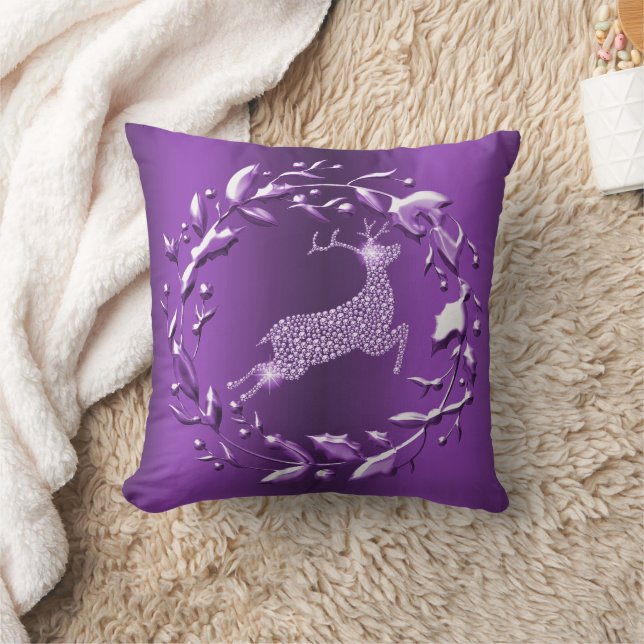 Leaping Silver Reindeer on Purple Christmas Cushion (Blanket)