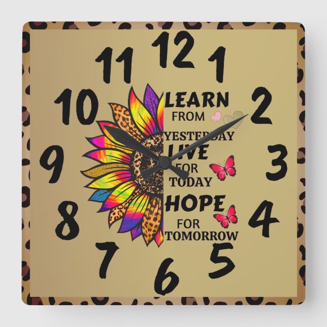 Learn From Yesterday Quotes Rainbow Sunflower Gold Square Wall Clock (Front)
