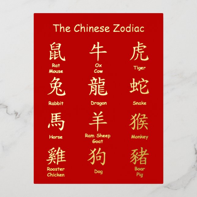 Learn to Read Chinese Zodiac Animals New Year Foil Holiday Postcard (Front)