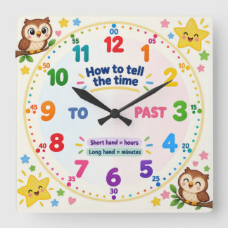 Learn to Tell the Time Owl Square Wall Clock